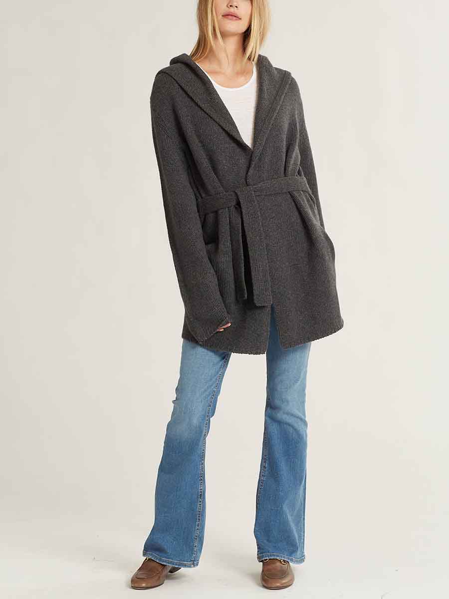 Solid Color Knit Hooded Cardigan with Waist Belt
