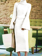 Load image into Gallery viewer, Women&#39;s High Neck Flared Sleeve Knit Solid Color Long Dress
