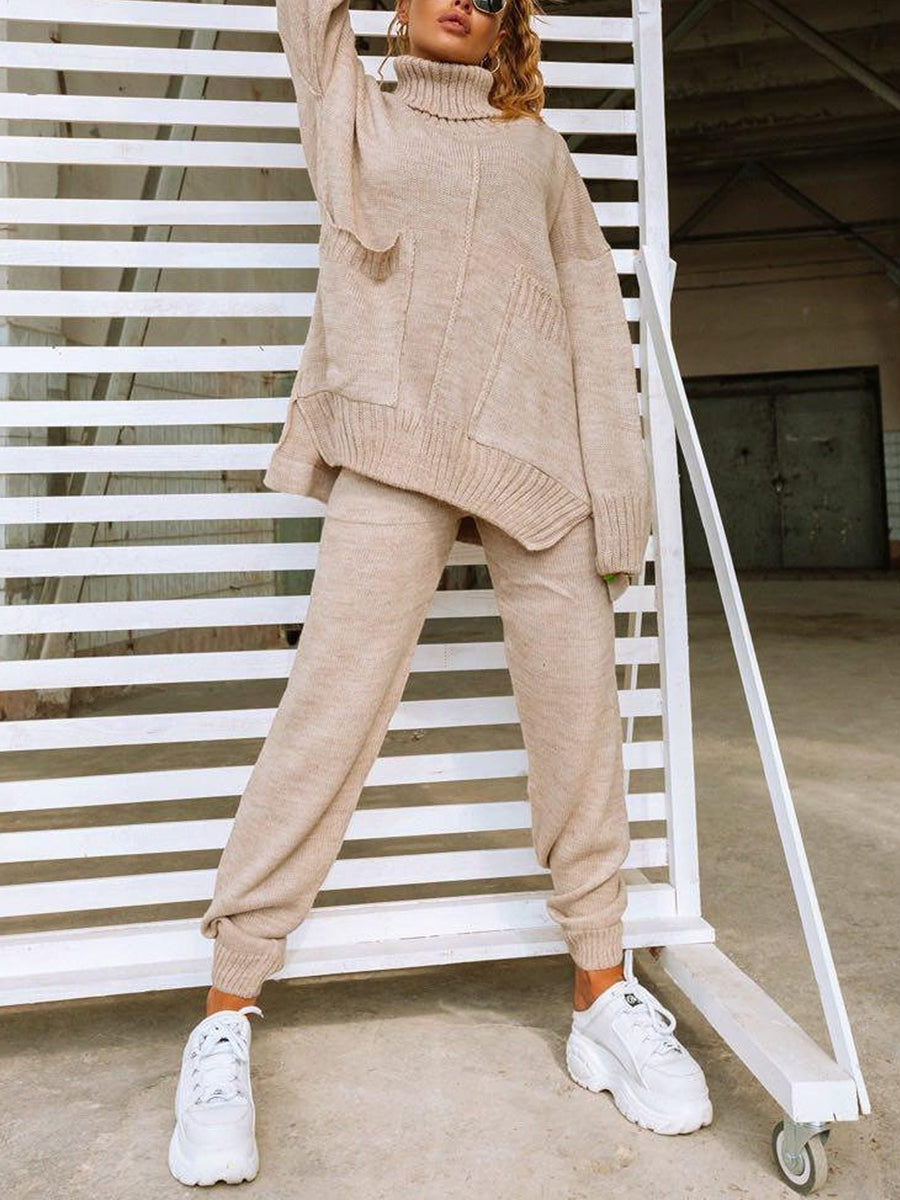 Turtleneck Wool Knitted Two Piece Suit  