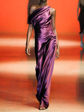 Load image into Gallery viewer, Fashion One-shoulder Solid Color Silk Evening Dress

