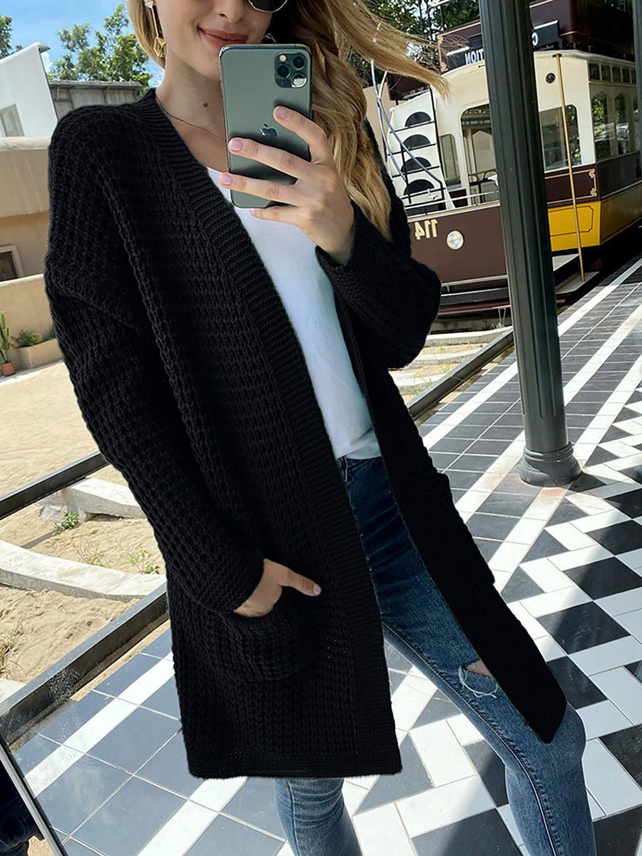 Solid Color Casual Knit Sweater Coat Open Front Cardigan