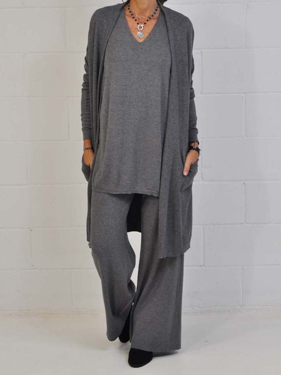 Casual Solid Color Long Sleeve V-neck Three-piece Suit