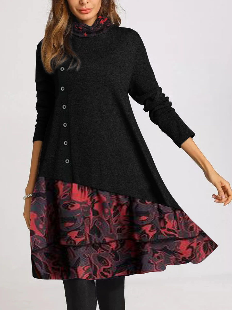 High Neck Stitching Long Sleeve Loose Button Casual Dress