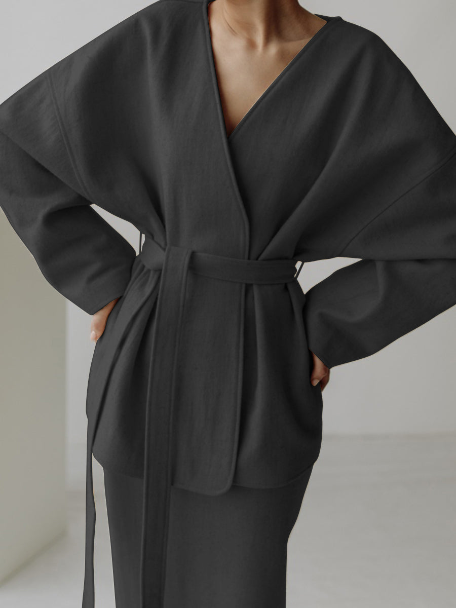 Fashion V-neck Casual Tie Long Sleeve Two-piece Suit