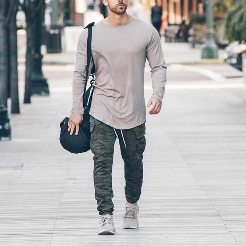 Pure Color Casual Street Style Round Neck Men'S Long Sleeve T-Shirt