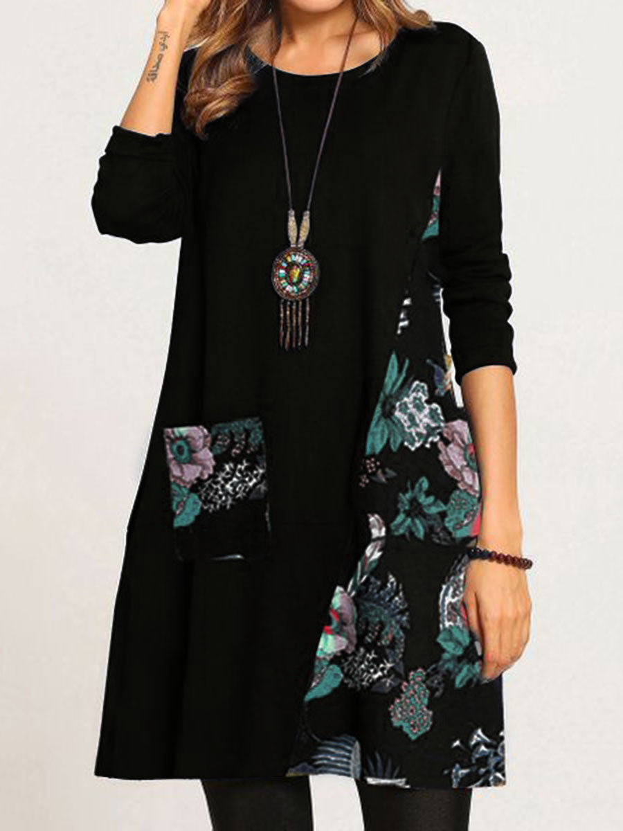 Retro Casual Loose Color Matching Floral Long Sleeve Dress