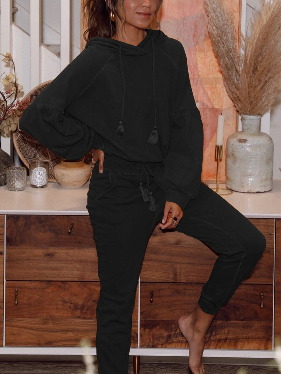 Solid Color Casual Lantern Sleeve Hooded Two-piece Suit
