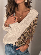 Load image into Gallery viewer, Fashion V-neck Casual Long-sleeved Leopard Print Stitching Sweater
