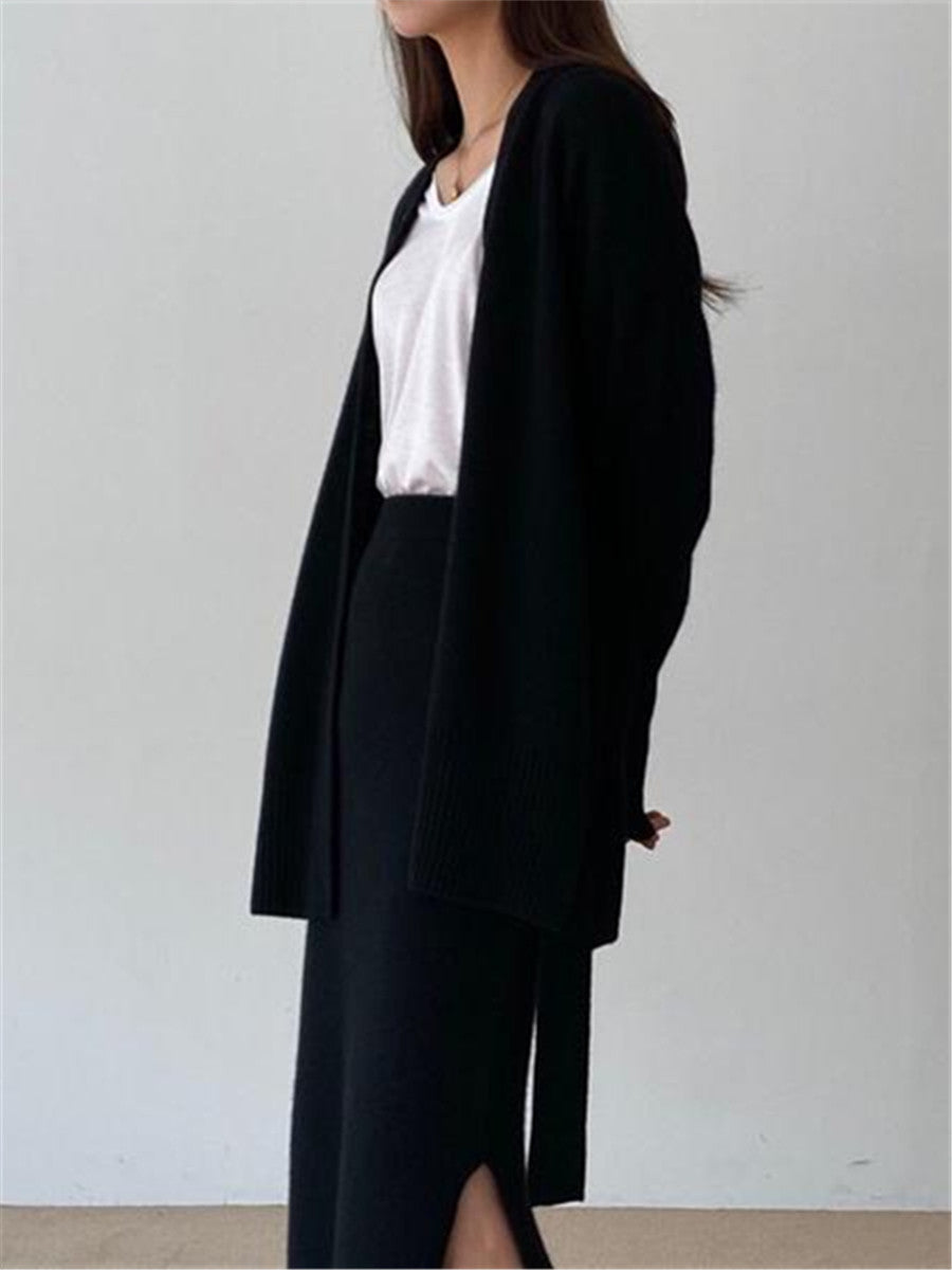 Elegant V-Neck Long Sleeve Coat Skirt Knit Set