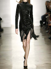 Load image into Gallery viewer, Long Sleeve High Neck Sequined Fringed Midi Dress
