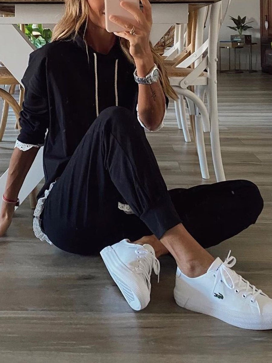 Casual Long-sleeved Hooded Solid Color Two-piece Set