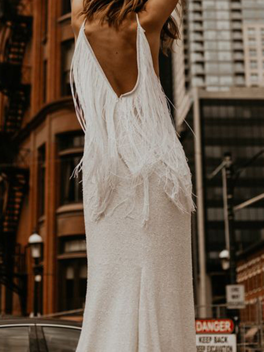 Fashion Suspenders Sleeveless Back Tassel Evening Dress