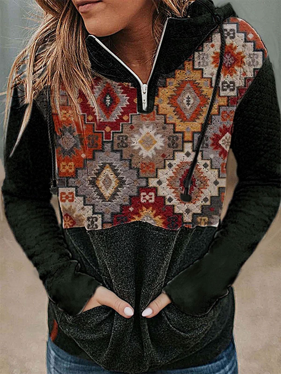 Ladies Ethnic Totem Stitching Printed Hoodie Sweatshirt