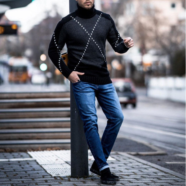 Men'S Fashion Contrast High Neck Long Sleeve Sweater