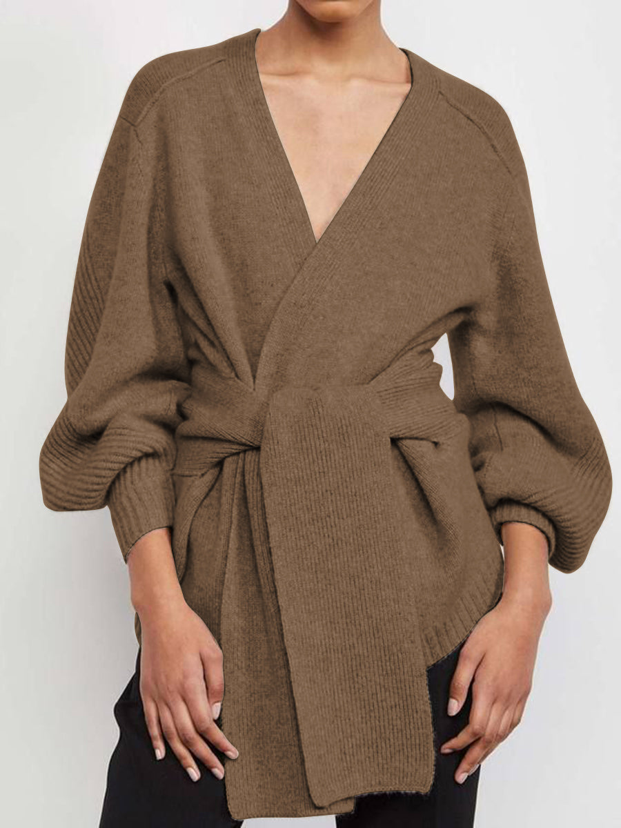 Fashion V-neck Loose Long-sleeved Solid Color Tie Sweater
