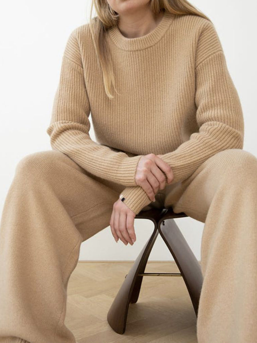 Fashion Casual Round Neck Long Sleeve Solid Color Two-piece Suit