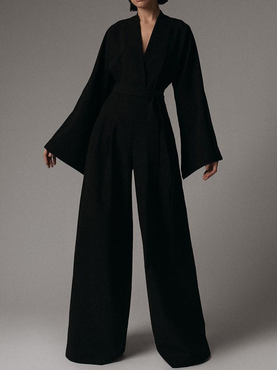 Fashion Simple Solid Color V-neck Long-sleeved Jumpsuit