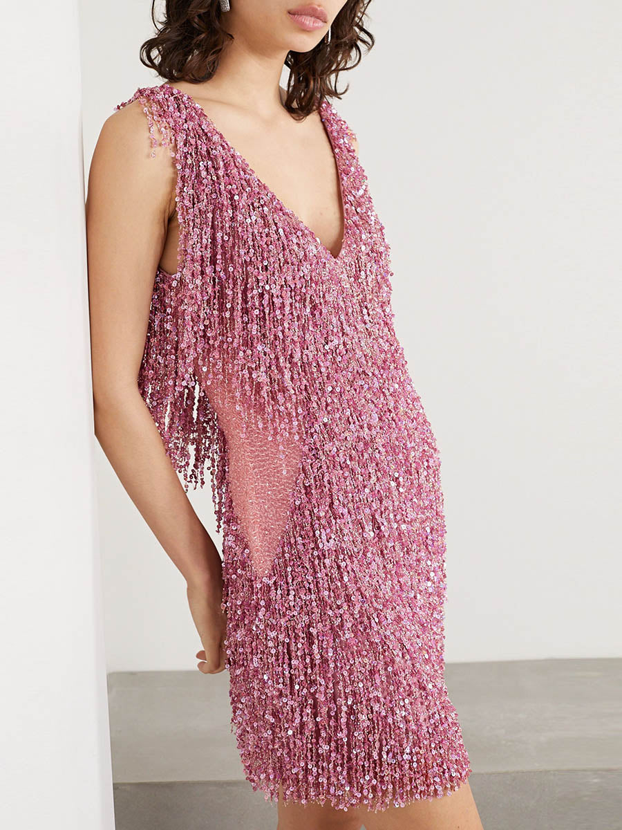 Fashion Fringed Stitching Mini Dress