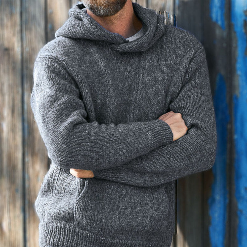 Men'S Casual Solid Color Long-Sleeved Hooded Knitted Top