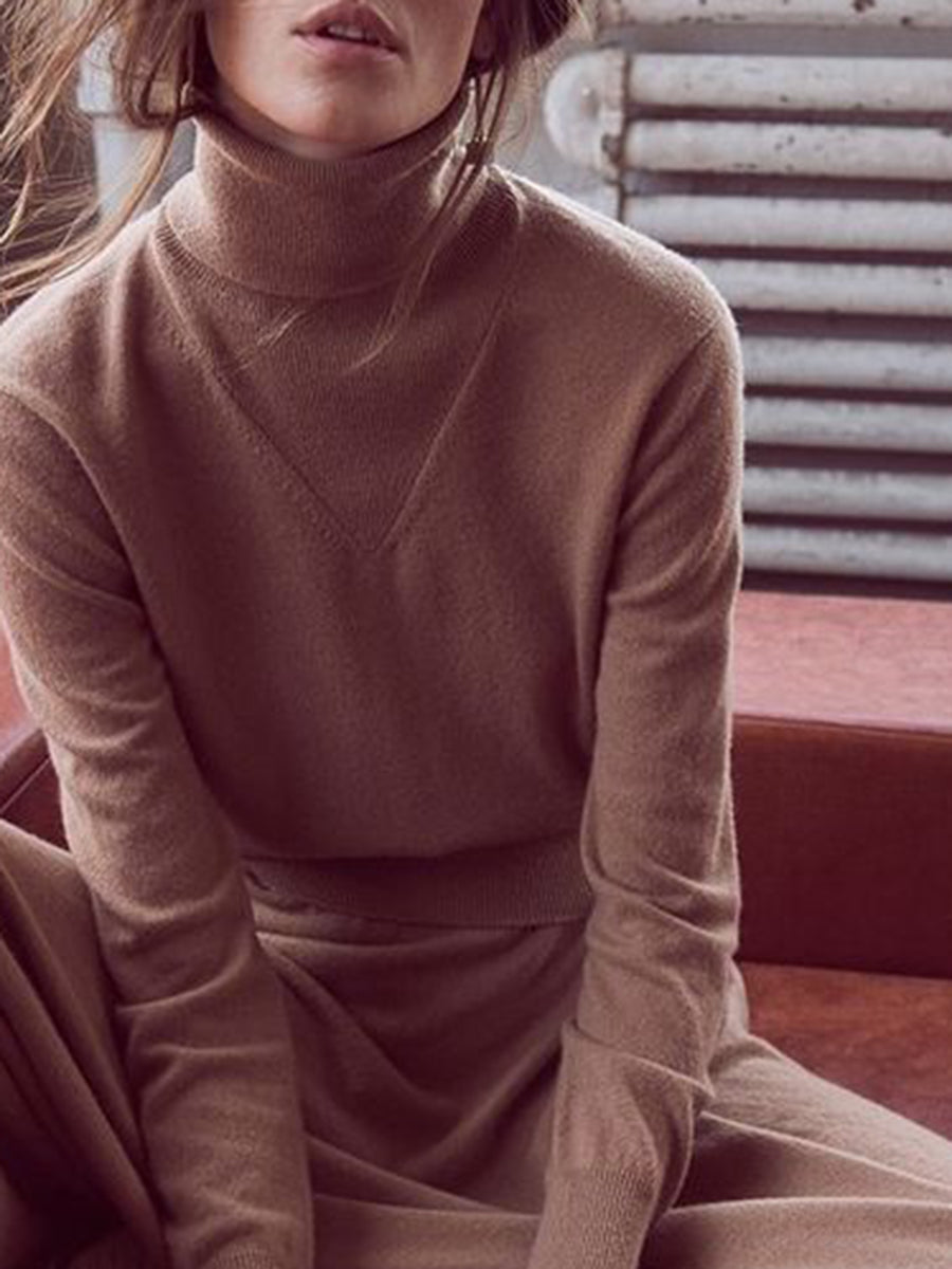 Casual Fashion High Neck Knitted Two-piece Suit