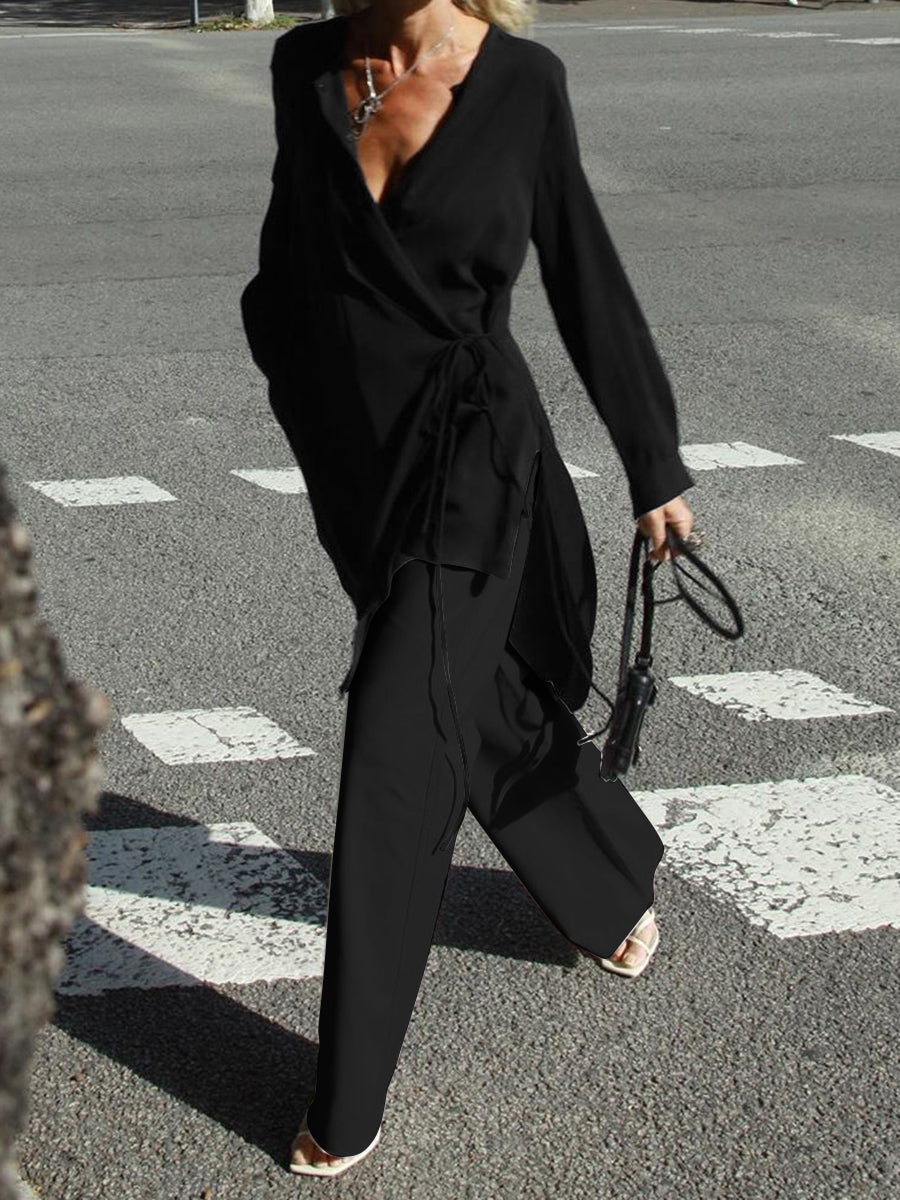 Solid Color V-Neck Tie Suit