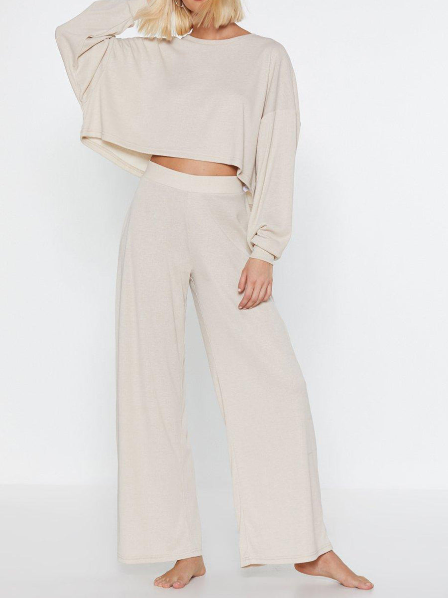 Simple Casual Elastic Waist Wide Leg Pants Suit