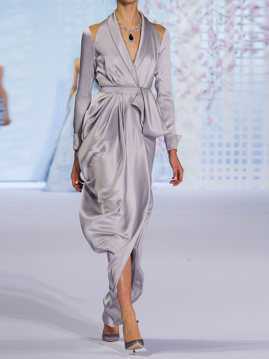 Fashion Long Sleeve Silk Elegant Evening Dress