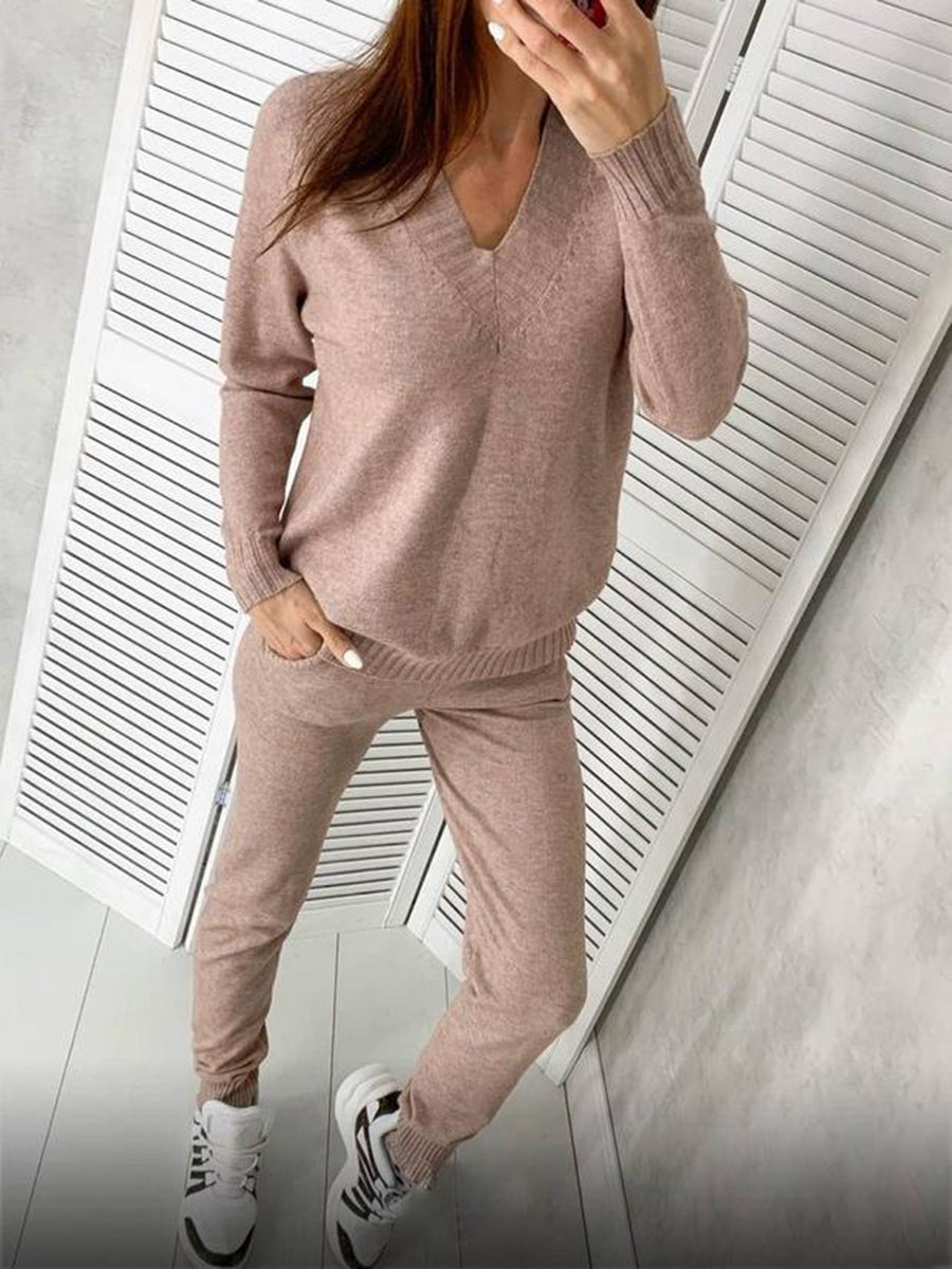 Women'S Casual V-Neck Solid Color Knitted Two-Piece Suit