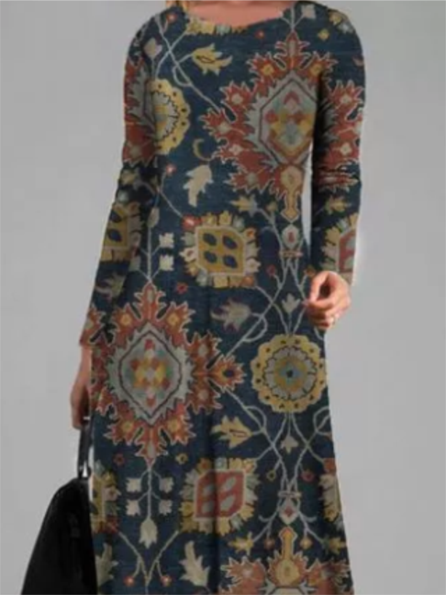 Retro Printed Round Neck Women'S One-Piece Dress