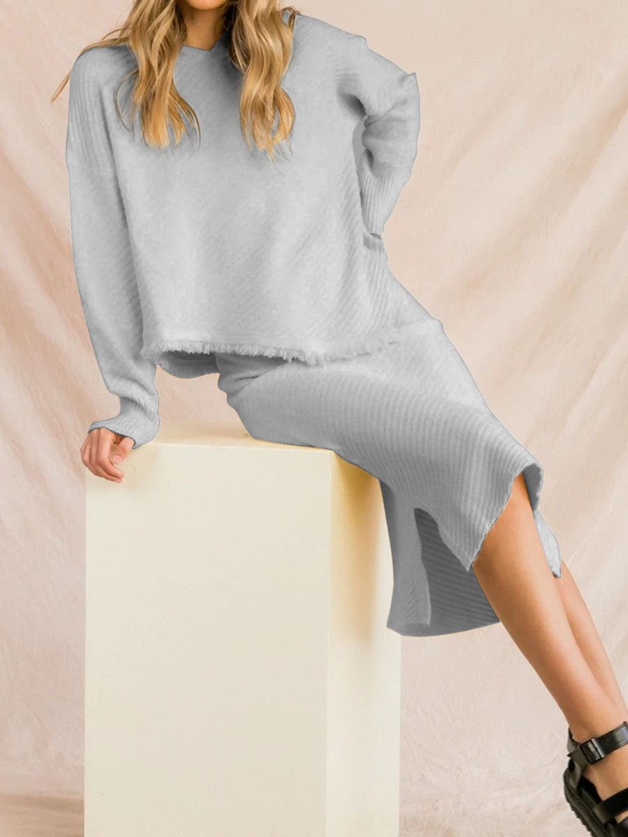 Fashion Elegant Loose Casual Long Sleeve Hooded Top Skirt Knitted Suit