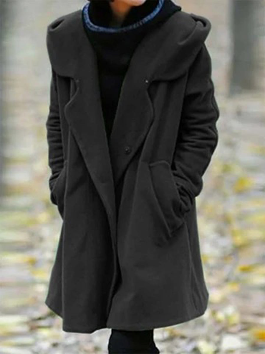 Women's Hooded Lapel Casual Woolen Coat