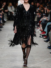Load image into Gallery viewer, Fashion Long Sleeve V-neck Sequin Fringed Midi Dress
