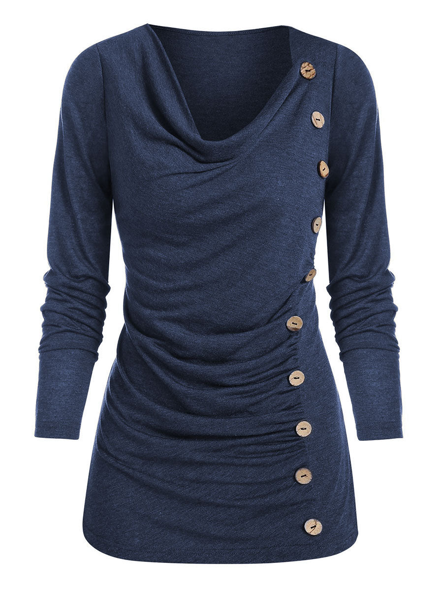 Long-sleeved Button Fashion Crinkle Blend Top