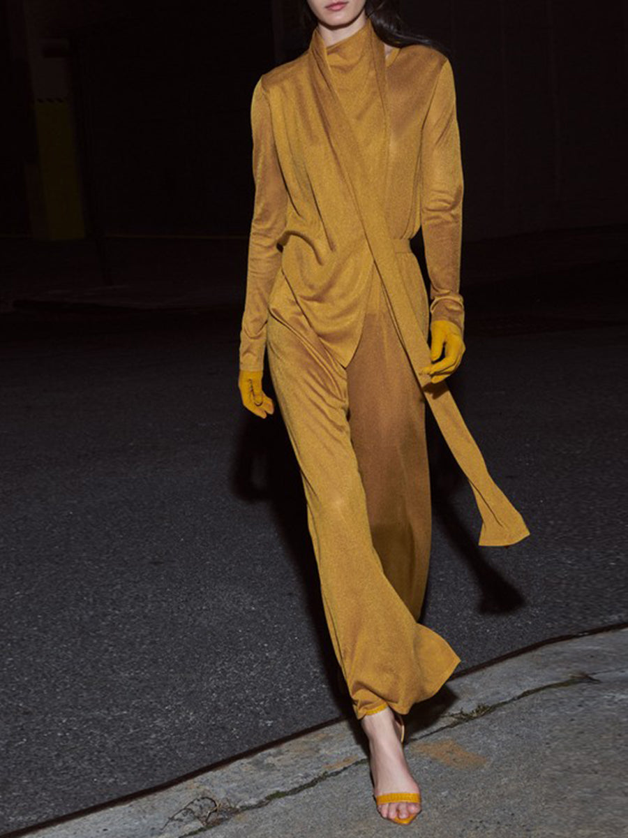 Fashionable And Elegant High Neck Long Sleeve Pants Knit Suit