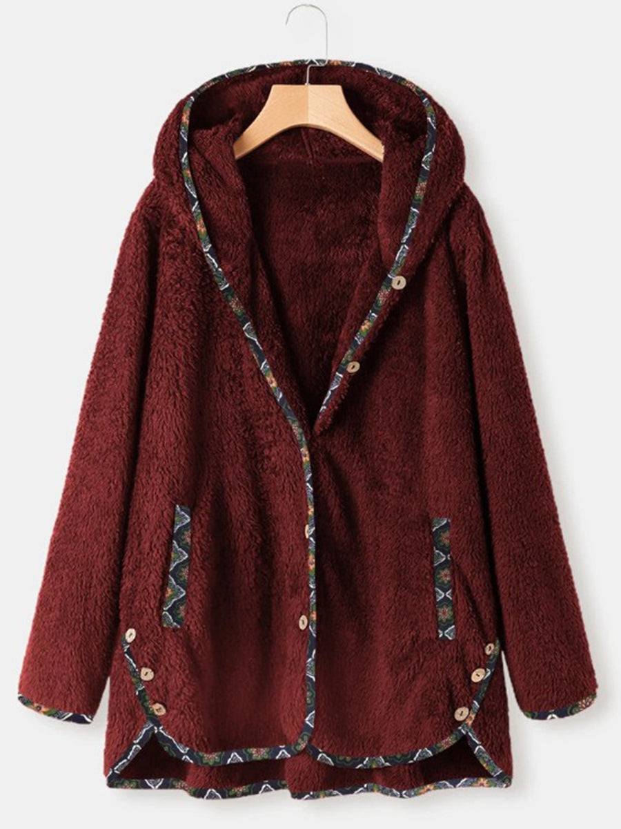 Artistic Print Stitching Lamb Wool Hooded Women's Jacket