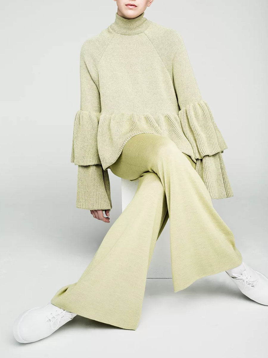 Fashion Solid Color High Neck Knitted Casual Two-piece Sets