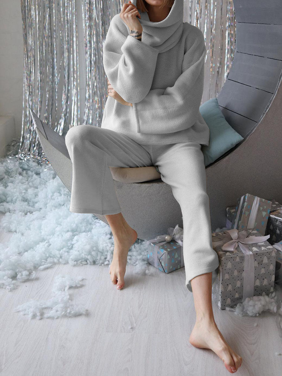 Fashion Simple Long Sleeve Turtleneck Top Pants Knitted Suit