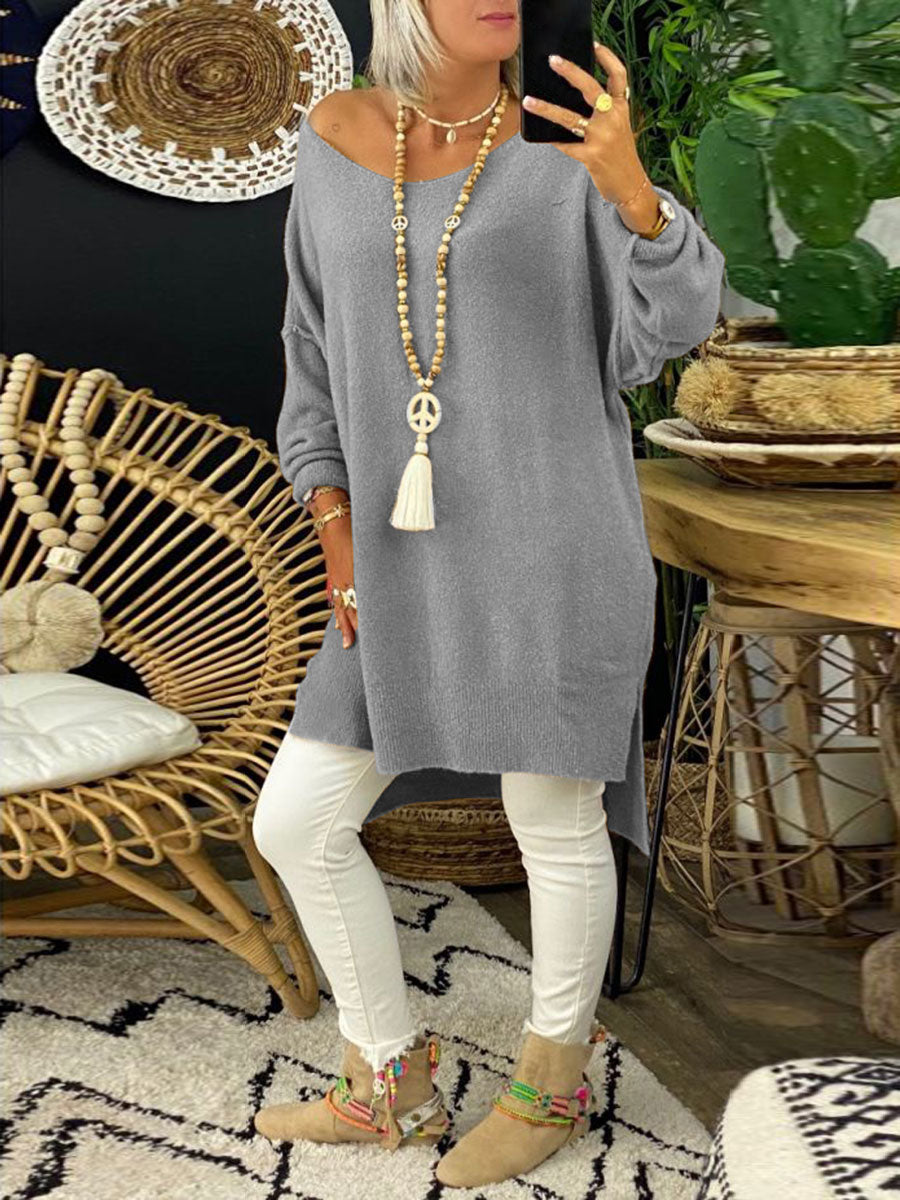 Simple Solid Color Long Knitted Sweater Dress