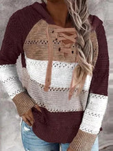 Load image into Gallery viewer, V-neck Lace Up Color Block Casual Loose H-line Sweater
