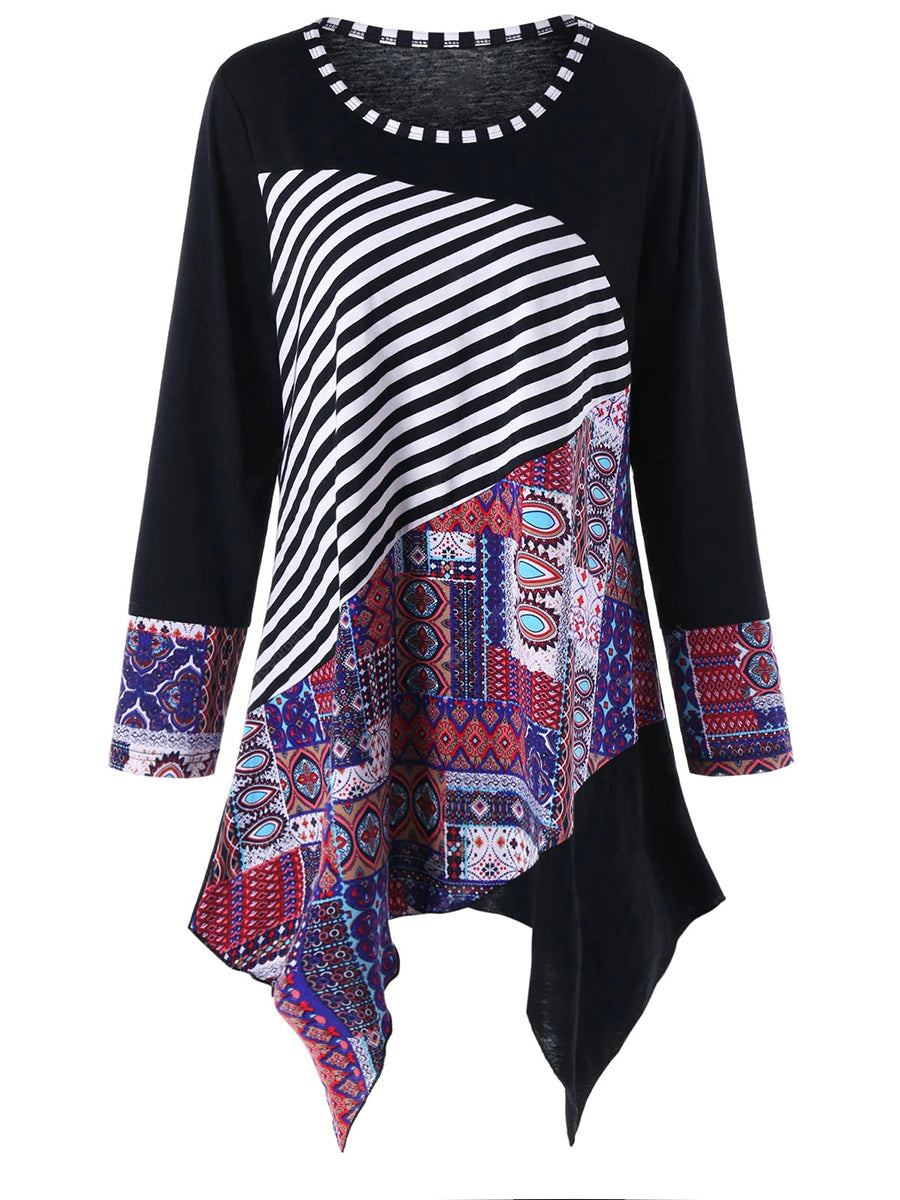 Striped Print Stitching Long Sleeves Dress