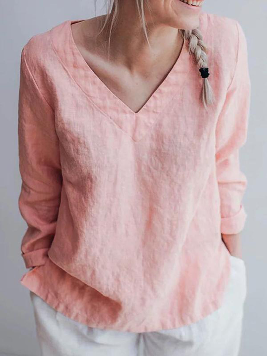 Long Sleeve V-neck Solid Color Casual Top