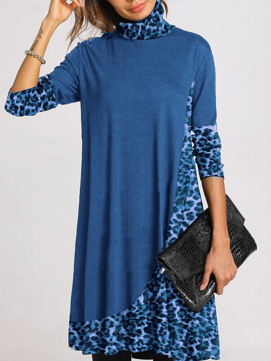 Retro Loose Casual Long Sleeve High Neck Leopard Print Dress