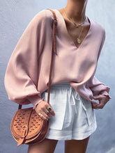 Load image into Gallery viewer, Fashionable and Elegant V-neck Puff Sleeve Pullover Solid Color Top
