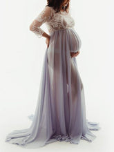 Load image into Gallery viewer, Lace Perspective Long Sleeve Round Neck Maternity Dress
