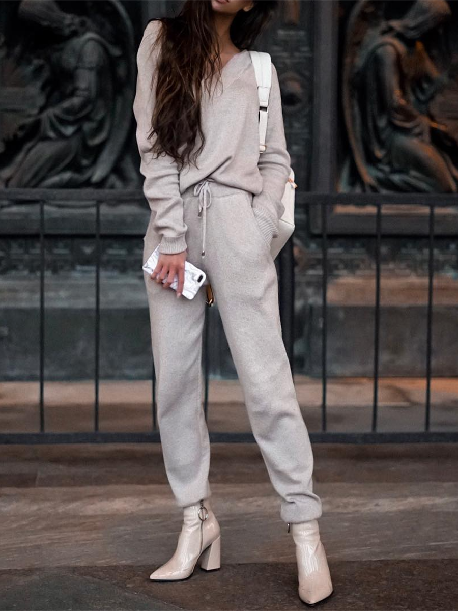 Fashion V-neck Long Sleeve Casual Two-piece Suit