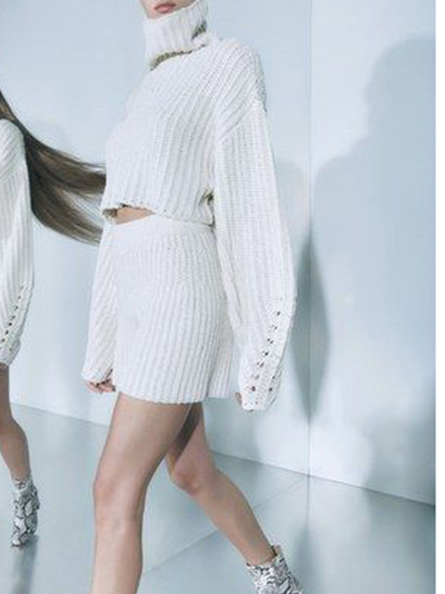 High Neck Pullover Short Knit Long Sleeve Two-piece Suit