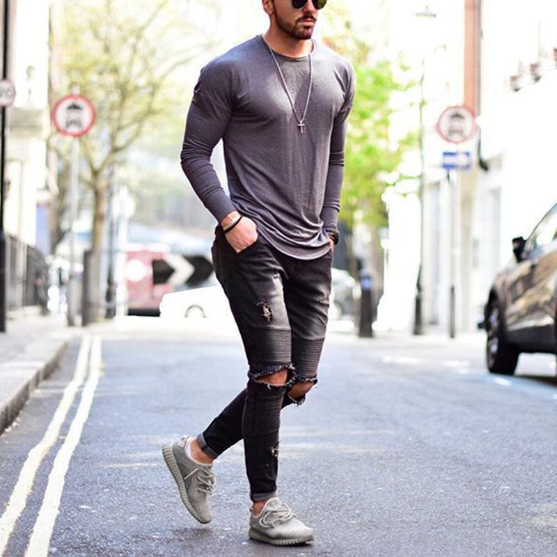 Men'S Cotton Round Neck Slim Long Sleeve T-Shirt