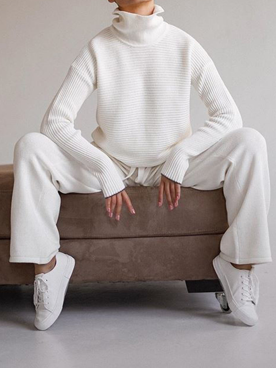 Casual High-neck Knitted Top and Loose Pants Two-piece Suit