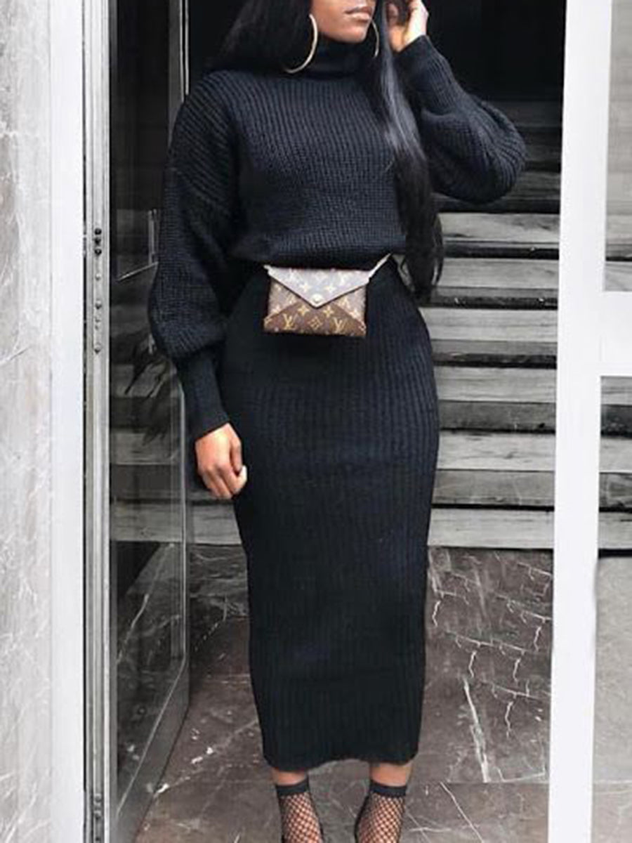 Turtleneck High-neck Solid Woolen Two-piece Dress