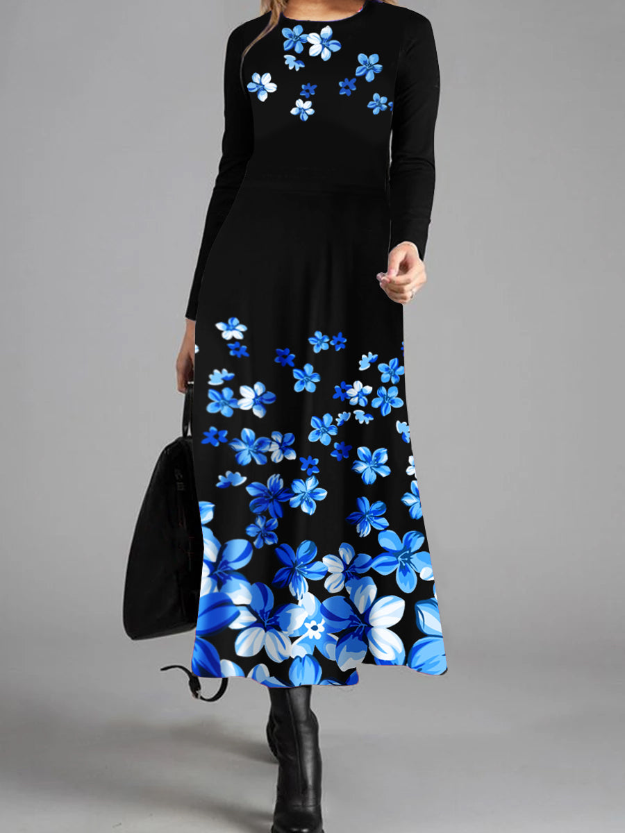 Retro Elegant Loose Long Sleeve Floral Long Dress